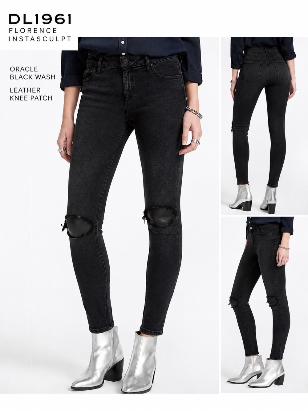 DL1961 Florence Oracle Black Instasculpt Skinny Jeans Leather Knee Patch 27 NWT
